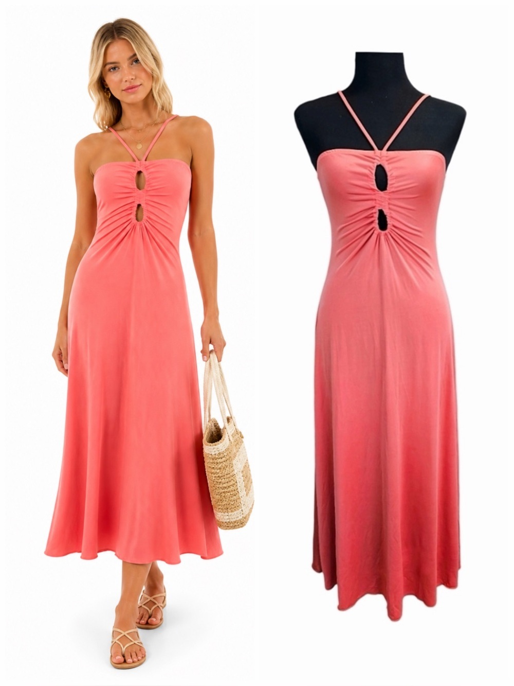 Sincerely Jules Coral Strappy Cutout Midi Dress Large Y2K Resort Vacation 2000s